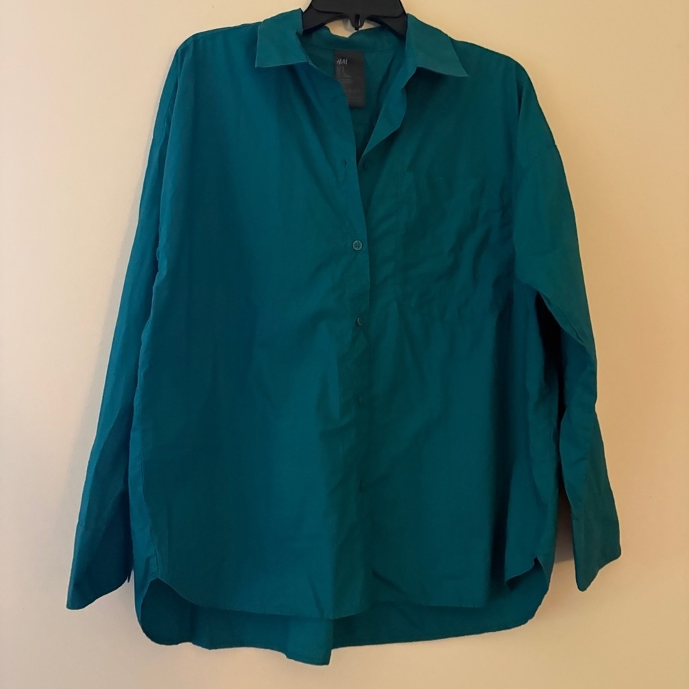 H&M Teal Blue Oversized Cotton Button Down Shirt Small Collared